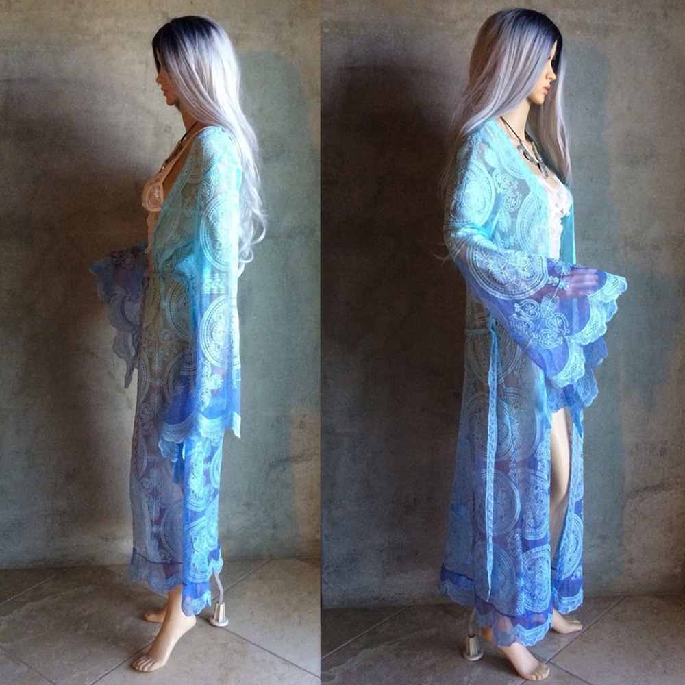 🌸 KIMONO ROBE CARDIGAN BELL SLEEVE OMBRE BLUE BOHO CHIC BOHEMIAN DUSTER BEACH - Picture 4 of 7